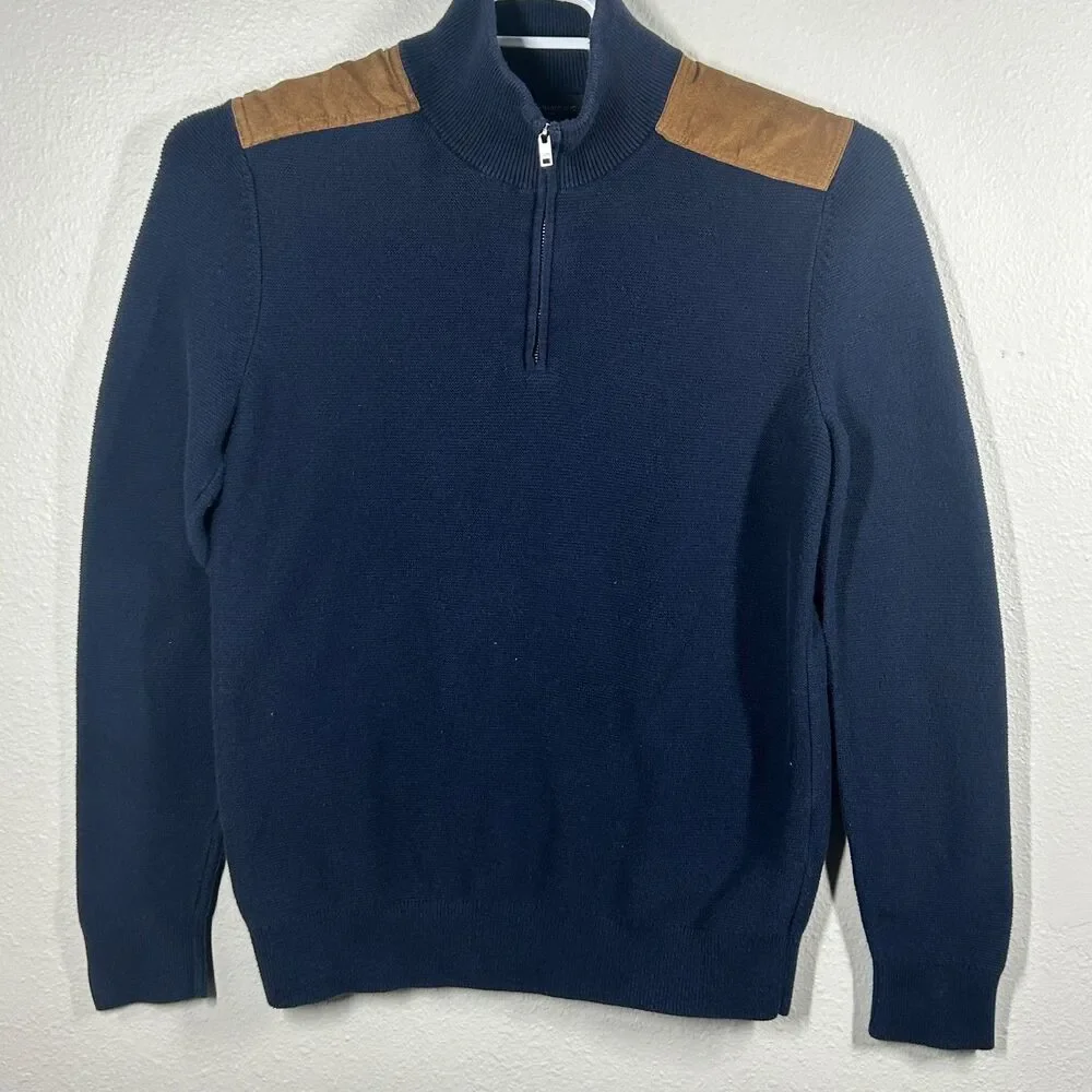 Banana Republic Navy Blue 1/4 Zip Sweater Suede Shoulder Patches Size S